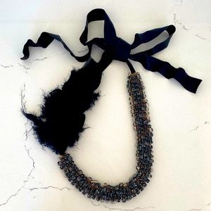Vera Wang Couture Tulle Crystal Necklace with Silk Flower and Leather Tie